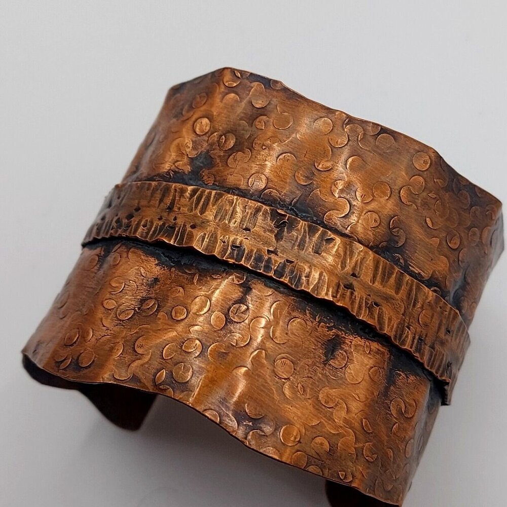 Etched Copper Cuff Bracelet With Great Patina and Swerve Curved Design on Edge